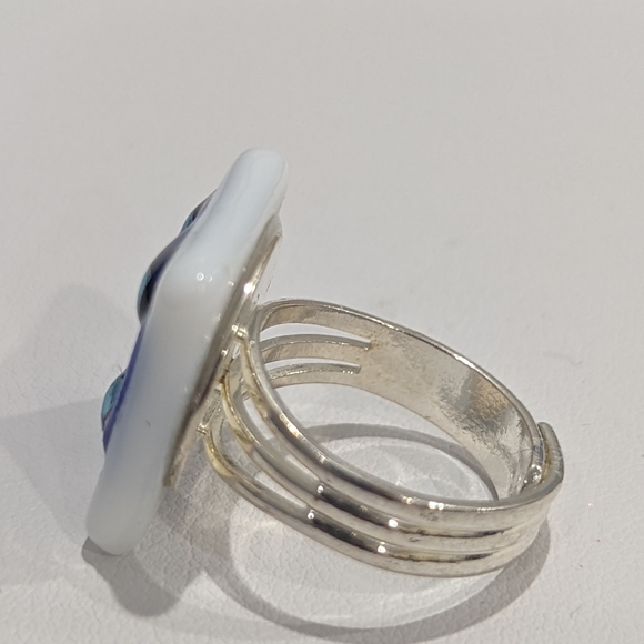 Artisan Handmade Blue, white, and silver abstract statement ring. Adjustable - Picture 2 of 3